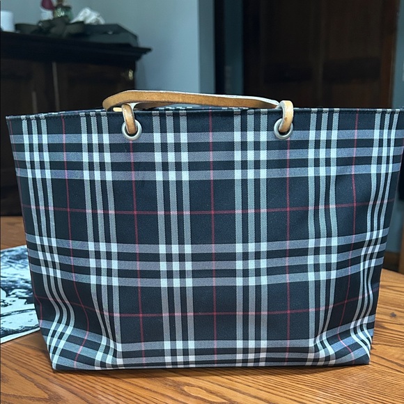 Plaid Tote Bag with Tan Handles - Picture 2 of 11